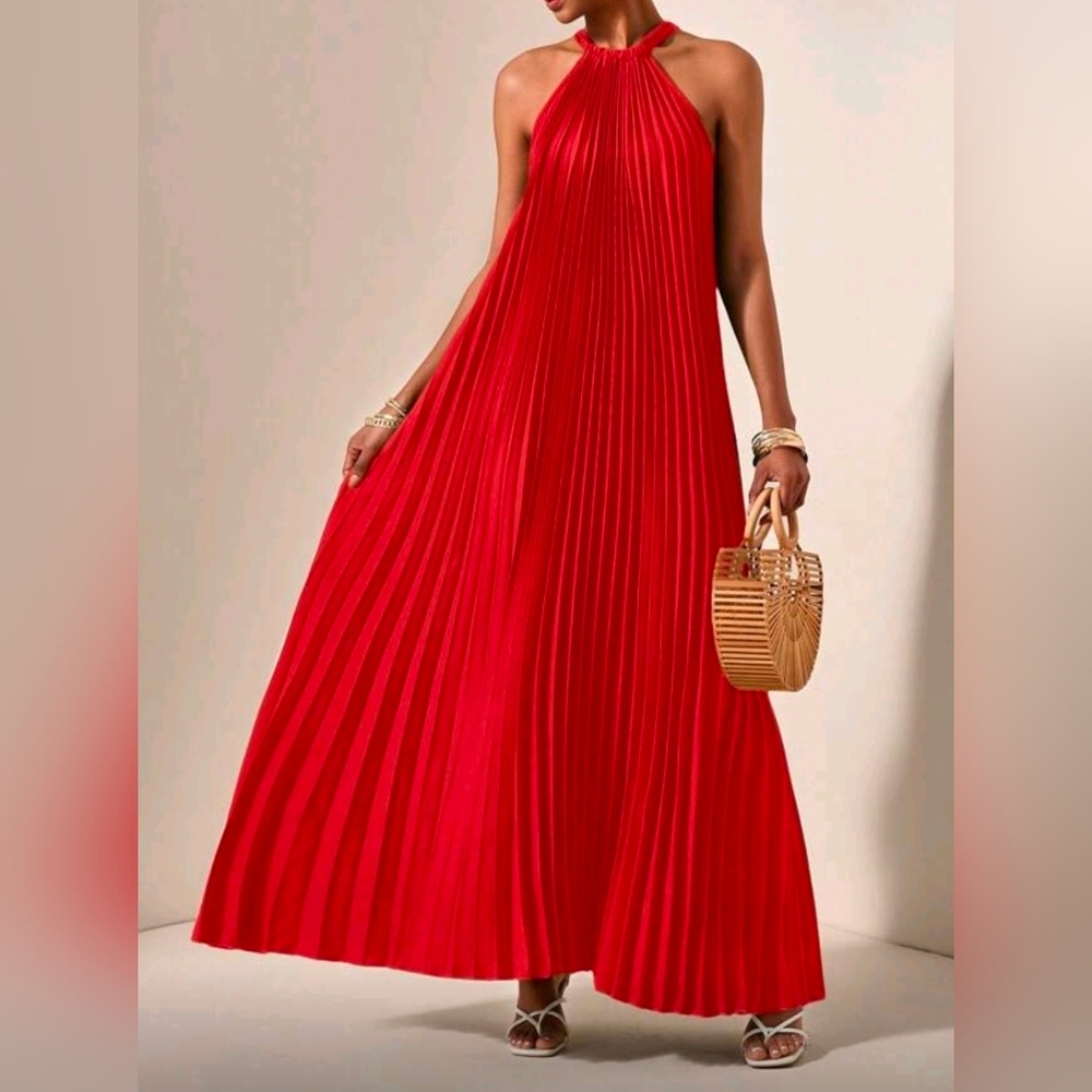 New Glam Halter Tie Pleated Maxi Dress Red - Picture 7 of 10